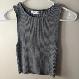 Zara silver sparkly ribbed knit crop tank top